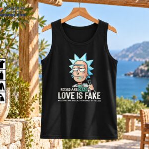 Spiky-haired cartoon scientist with a flask and distressed text reading Roses Are Dead Love Is Fake Weddings Are Basically Funerals With Cake