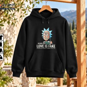 Spiky-haired cartoon scientist with a flask and distressed text reading Roses Are Dead Love Is Fake Weddings Are Basically Funerals With Cake