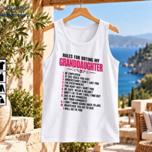 Rules for Dating My Granddaughter shirt design with bold pink lettering, a heart flourish, and ten funny protective rules
