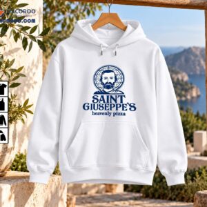 Saint Giuseppe’s Heavenly Pizza shirt design with a navy blue Saint Joseph portrait, geometric halo, and vintage lettering