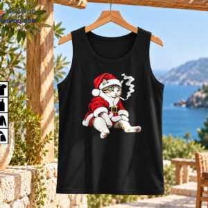Grumpy tabby cat in a red Santa suit smoking a cigarette with curling smoke in a detailed Christmas illustration
