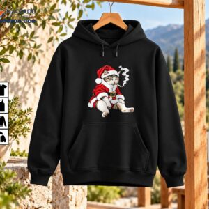 Grumpy tabby cat in a red Santa suit smoking a cigarette with curling smoke in a detailed Christmas illustration