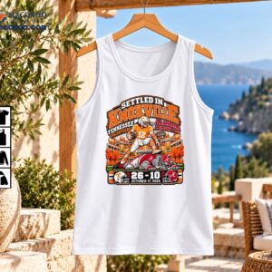 Settled In Knoxville Tennessee Volunteers 26-10 Football Victory Shirt 2 Tennessee Volunteers Settled In Knoxville 26-10 football victory graphic with player, elephant, stadium, and helmets