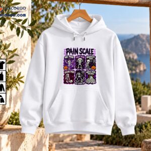 Skeleton Pain Scale Halloween chart with six funny skeleton illustrations, pumpkins, bats, spiderwebs, and purple panels