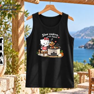 Cute white cartoon cat in a pink apron cooking vegetables in a crockpot with Slow cooking, rich flavor text