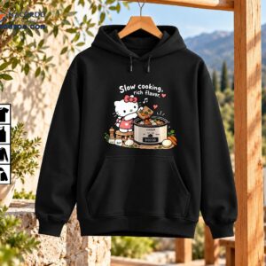Cute white cartoon cat in a pink apron cooking vegetables in a crockpot with Slow cooking, rich flavor text