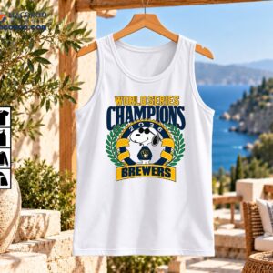 Snoopy Brewers 2026 World Series Champions graphic with sunglasses, navy jersey, gold banners and green laurels