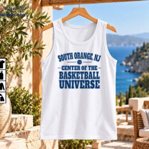 South Orange NJ Center of the Basketball Universe shirt design with blue varsity lettering and basketball graphic