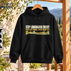 Stop Longmarsh Energy Protect Rural West Norfolk protest shirt design with vintage lettering, fields, trees, cottage, and windmill