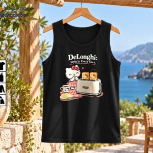 Hello Kitty in a red gingham apron beside a vintage toaster with golden character toast, a matching mug, butter, and the text Style In Every Slice.
