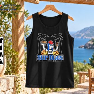 Sup Dogs graphic featuring a blue-eared dog in sunglasses and a red cap with a hot dog, tropical drink, palm trees, and blue lettering