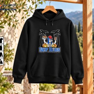 Sup Dogs graphic featuring a blue-eared dog in sunglasses and a red cap with a hot dog, tropical drink, palm trees, and blue lettering