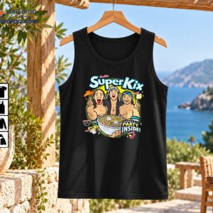 SuperKix retro wrestling graphic featuring three cartoon wrestlers, a cereal bowl, and colorful comic-style slogans