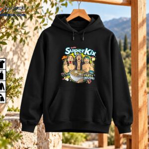 SuperKix retro wrestling graphic featuring three cartoon wrestlers, a cereal bowl, and colorful comic-style slogans