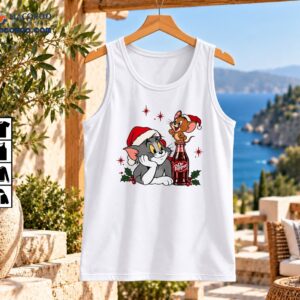 Vintage Christmas cartoon showing a gray cat and smiling brown mouse in Santa hats beside a soda bottle with holly and red berries