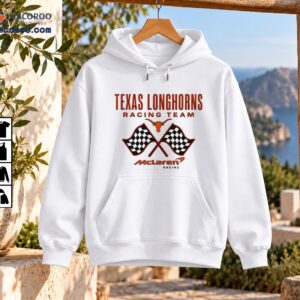 Texas Longhorns racing team graphic with a burnt-orange longhorn head, crossed checkered flags, and McLaren Racing text
