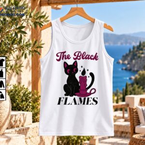 The Black Flames gothic cat shirt design with black cat, dripping pink candle, stars, and vintage lettering