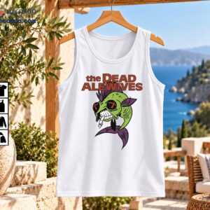 The Dead Alewives cartoon shirt design with a green fish, crossed-out eyes, purple fins, cigarette, and bold rust lettering