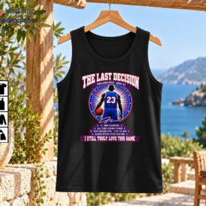 The Last Decision basketball graphic featuring a number 23 player, red white and blue starburst, and championship banners