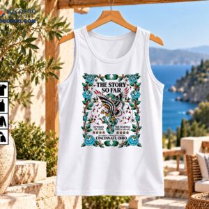 The Story So Far concert shirt design with a black and white eagle, turquoise snake, blue roses, and vintage tattoo frame