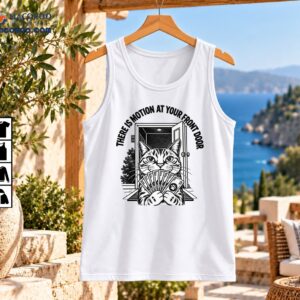 Black and white tabby cat holding cash in front of an open door with There Is Motion At Your Front Door text
