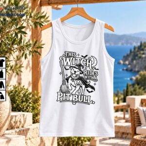 Vintage black and white design of a witch-hat pit bull with a broom, pumpkin charm, bats, crescent moon, and Halloween lettering