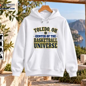 Toledo OH Center of the Basketball Universe shirt design with navy and gold varsity lettering and basketball graphic