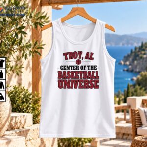 Troy AL Center of the Basketball Universe graphic with maroon varsity lettering and basketball illustration