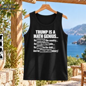 Trump Is a Math Genius political satire shirt design with distressed white lettering and boxed math terms