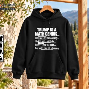 Trump Is a Math Genius political satire shirt design with distressed white lettering and boxed math terms