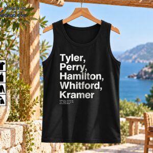 Tyler Perry Hamilton Whitford Kramer vintage rock shirt with distressed white stacked lettering and Hollywood Bowl text
