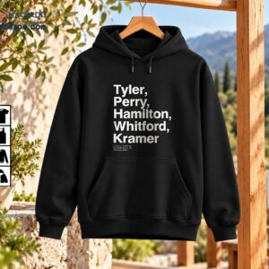 Tyler Perry Hamilton Whitford Kramer vintage rock shirt with distressed white stacked lettering and Hollywood Bowl text