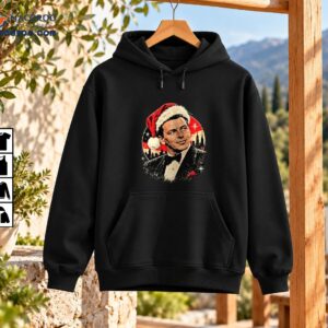 Vintage Christmas crooner portrait wearing a red Santa hat and black tuxedo against a festive city skyline