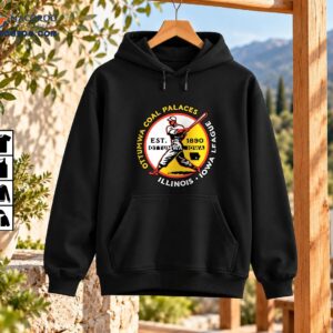 Vintage Ottumwa Coal Palaces Est 1890 baseball graphic with swinging batter, yellow red circle and Iowa League text