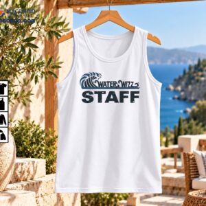 Water Wizz STAFF logo shirt design with a distressed blue-gray curling wave, water droplets, and bold lettering