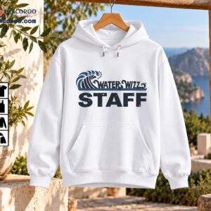 Water Wizz STAFF logo shirt design with a distressed blue-gray curling wave, water droplets, and bold lettering
