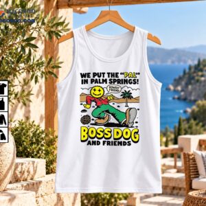 Retro Palm Springs design with a smiling yellow sun character, red shirt, green pants, palm tree, and Boss Dog lettering