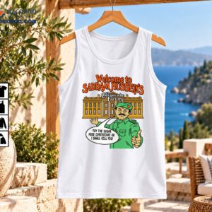 Saddam Hussein Cheesecake Factory parody cartoon with orange lettering, green military uniform, and funny speech bubble