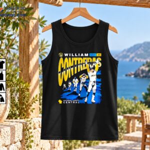William Contreras 24 Milwaukee Brewers graphic with gold lettering, baseball action poses and National League Central text