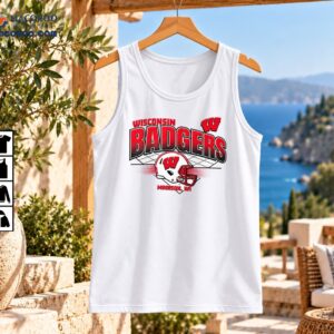 Wisconsin Badgers Football Helmet Vintage Grid Shirt 2 Wisconsin Badgers football shirt design with red lettering, white helmet, red facemask, grid pattern, and Madison WI text