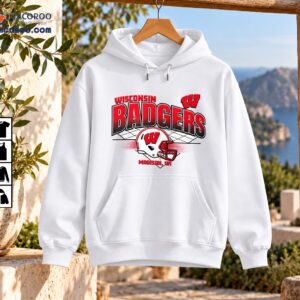 Wisconsin Badgers Football Helmet Vintage Grid Shirt 3 Wisconsin Badgers football shirt design with red lettering, white helmet, red facemask, grid pattern, and Madison WI text