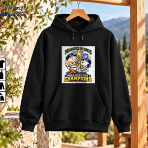Charlie Brown and Snoopy in Brewers uniforms with a golden trophy, blue and gold fireworks, and World Series 2026 Champions lettering