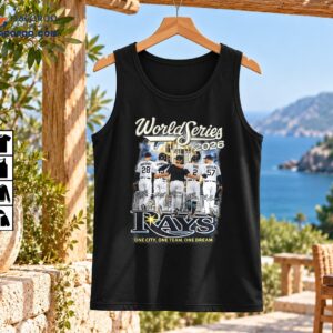 World Series 2026 One City One Team One Dream Rays Shirt 2 World Series 2026 Rays design with five baseball players, golden trophy imagery, bold lettering, and team unity slogan