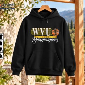 WVU Basketball Mountaineers graphic with white and gold lettering, horizontal stripes, and a buckskin mascot dribbling an orange basketball