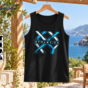 XX XY ATHLETICS graphic with oversized cyan, white, and black geometric letters and distressed textures