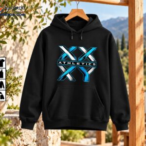 XX XY ATHLETICS graphic with oversized cyan, white, and black geometric letters and distressed textures
