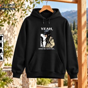 Yeah I Knew The Muffin Man shirt design with a fedora-wearing noir detective, tan trench coat, and black silhouette