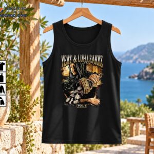 Yeat and Luh Leakyz Vol 1 Gothic Rap Graphic Shirt 2 Yeat and Luh Leakyz Vol 1 graphic featuring a hooded figure, gothic gold lettering, ornate jewelry, and dark vintage artwork