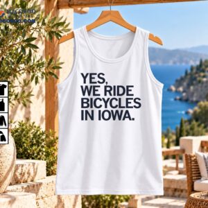 Yes We Ride Bicycles In Iowa shirt design with bold uppercase dark navy lettering