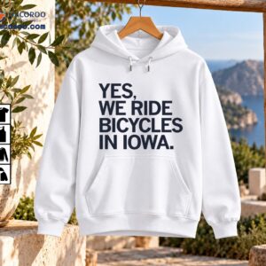 Yes We Ride Bicycles In Iowa shirt design with bold uppercase dark navy lettering